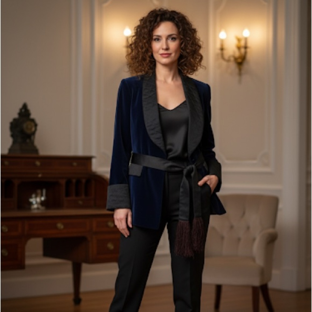 Blue Velvet smoking jacket - costume or elegant party wear. Size XS